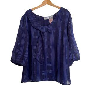 Avenue 22/24 BLOUSE Top Sheer Lined Blue Pullover Bow 3/4 Sleeve